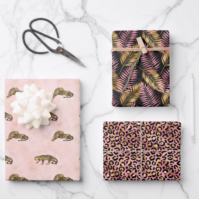 Leopard Pink und Gold Dschungel Muster Geschenkpapier Set (Vorderseite)