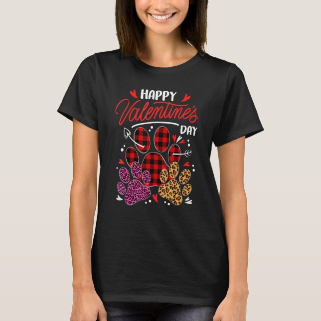 Leopard Plaid Dog Cat Paw Print Happy Valentines D T-Shirt (Vorderseite)