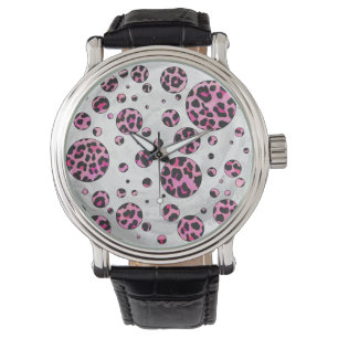 Leopard Polka Dot Black und Hot Pink Print Armbanduhr