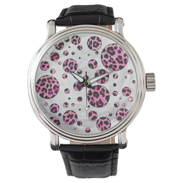 Leopard Polka Dot Black und Hot Pink Print Armbanduhr (Vorderseite)