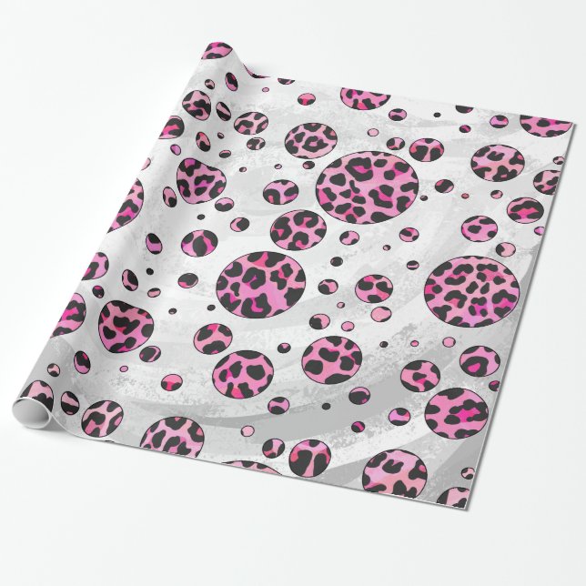 Leopard Polka Dot Black und Hot Pink Print Geschenkpapier (Ungerollt)
