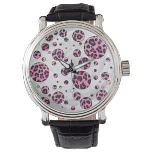Leopard Polka Dot Schwarz und Hot Pink Druck Armbanduhr
