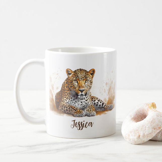 Leopard Portrait Safari Personalisierter Name Kaffeetasse (Mit Donut)