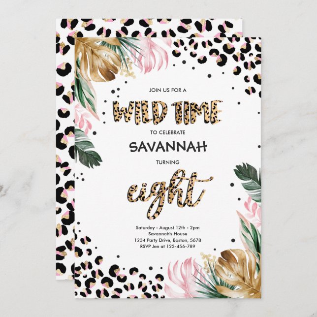 Leopard Print 8. Geburtstag Safari Jungle Party Einladung (Vorne/Hinten)