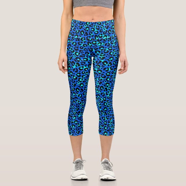 Leopard Print Animal Hautmuster Blau Schwarz Capri Leggings (Vorderseite)
