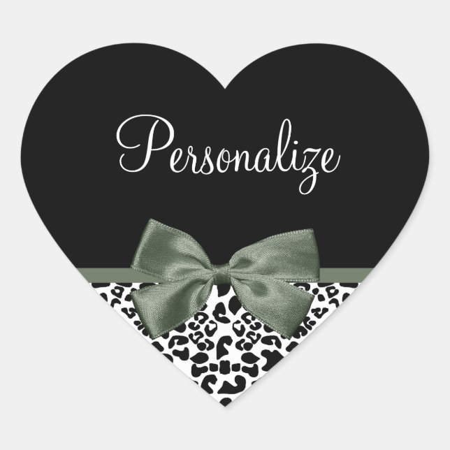 Leopard Print Animal Muster Dunkelgrüner Bow Herz-Aufkleber (Vorderseite)