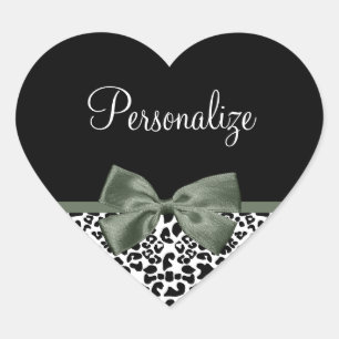 Leopard Print Animal Muster Dunkelgrüner Bow Herz-Aufkleber