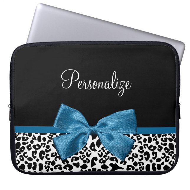 Leopard Print Animal Muster Hübsch Blue Bow Laptopschutzhülle (Vorderseite)