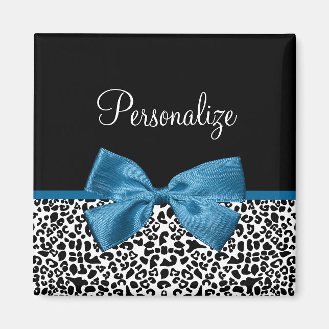 Leopard Print Animal Muster Hübsch Blue Bow Magnet (Vorne)