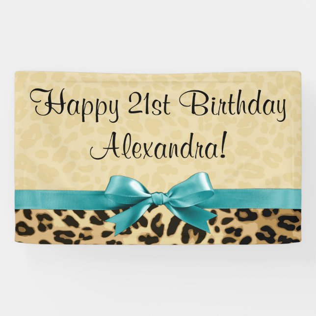 Leopard Print Aqua Blue Bow Girls Womens Birthday Banner (Horizontal)