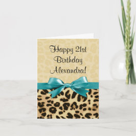 Leopard Print Aqua Blue Bow Girls Womens Birthday Karte