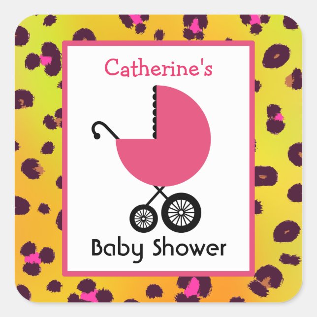 Leopard Print Baby Dusche & Pink Carriage Quadratischer Aufkleber (Vorderseite)
