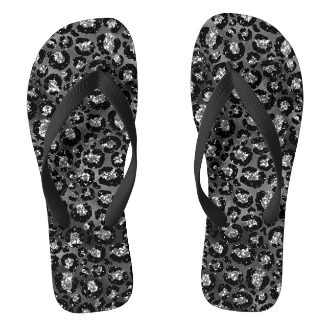 Leopard Print Black and Silver Gray Flip Flops (Fußbett)