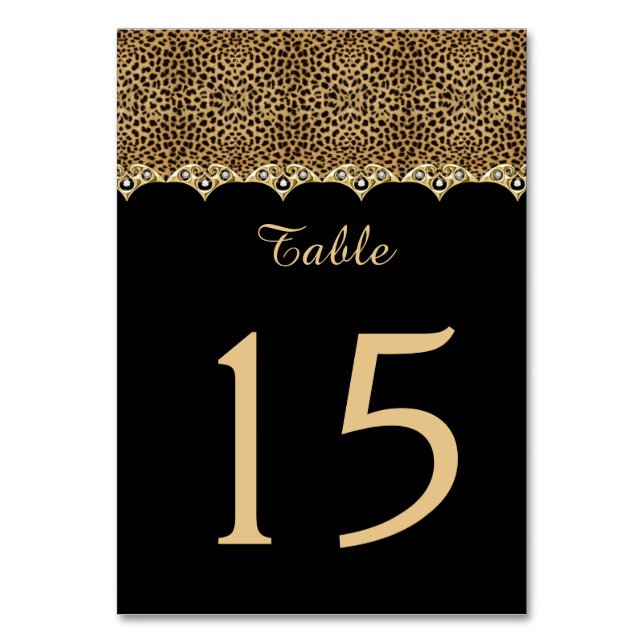 Leopard Print Black Gold and Diamonds Table Cards Tischnummer (Vorderseite)
