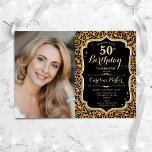 Leopard Print Black Gold Foto 50. Geburtstag Einladung<br><div class="desc">Elegante weibliche 50. Geburtstagseinladung mit Ihrem Foto. Glam schwarzes Design mit Imitaten Glitzer Gold. Features Tier Leopard Druck,  Skript-Schriftart und Konfetti. Ideal für ein stilvolles Party für Erwachsene. Personalisieren Sie Ihre persönlichen Daten. Kann für jedes Alter angepasst werden! Gedruckte Zazzle Einladungen oder Sofortdownload digitalen druckbaren Vorlage.</div>