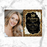 Leopard Print Black Gold Foto 50. Geburtstag Einladung<br><div class="desc">Elegante florale feminine 50. Geburtstagseinladung mit Ihrem Foto. Glam schwarzes Design mit Imitaten Glitzer Gold. Enthält Tierleoparden Druck,  Rosen,  Skript-Schriftart und Konfetti. Ideal für ein stilvolles Party für Erwachsene. Personalisieren Sie Ihre persönlichen Daten. Kann für jedes Alter angepasst werden! Gedruckte Zazzle Einladungen oder Sofortdownload digitalen druckbaren Vorlage.</div>