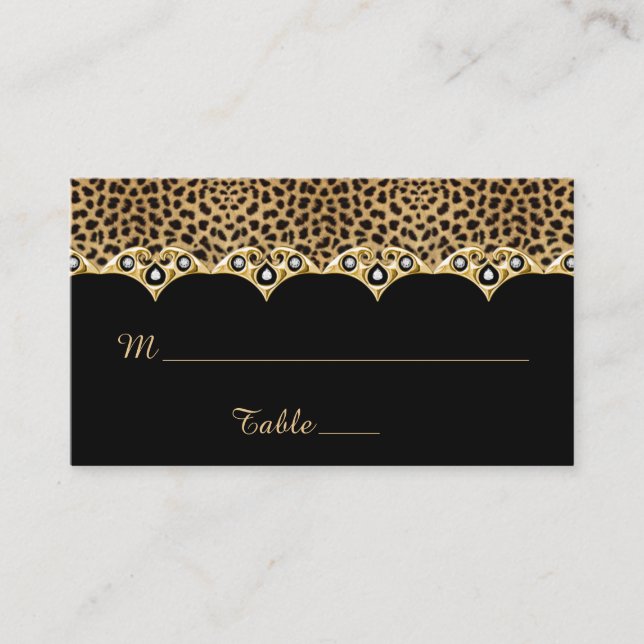 Leopard Print Black mit Gold und Diamanten Platzkarte (Vorderseite)