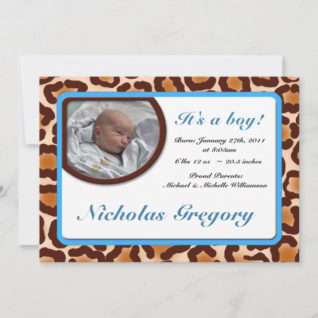 Leopard Print Blue Birth Ankündigungen (Vorderseite)