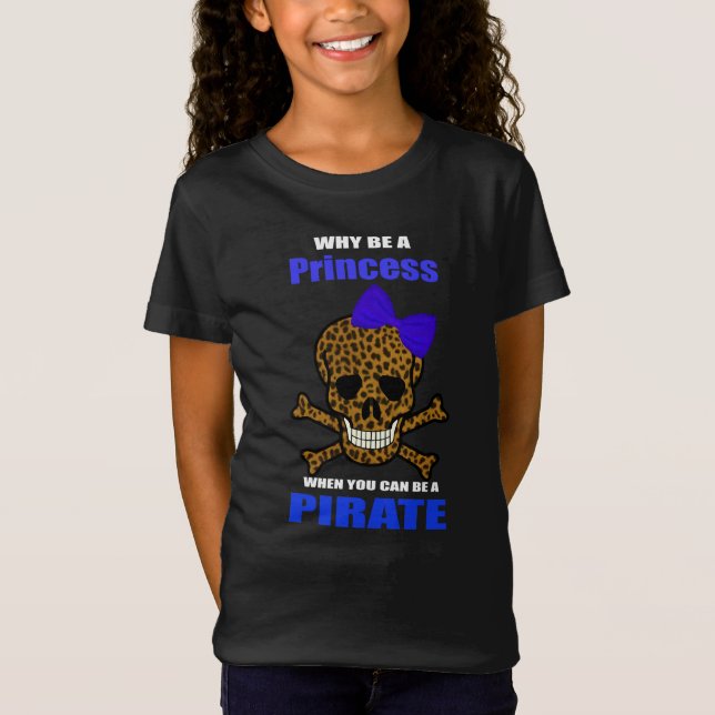 Leopard Print Blue Bow Pirate Princess Skull T-Shirt (Vorderseite)