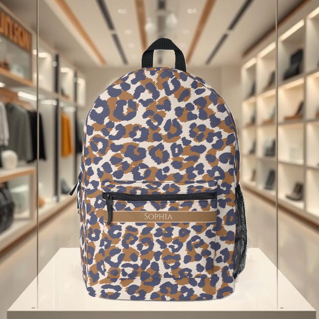 Leopard Print Blue und Brown- Bedruckter Rucksack (Leopard print backpack-blue and brown-personalized)