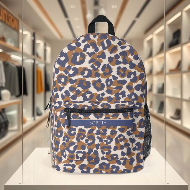 Leopard Print Blue und Brown- Bedruckter Rucksack (Leopard print backpack-blue and brown-personalized)