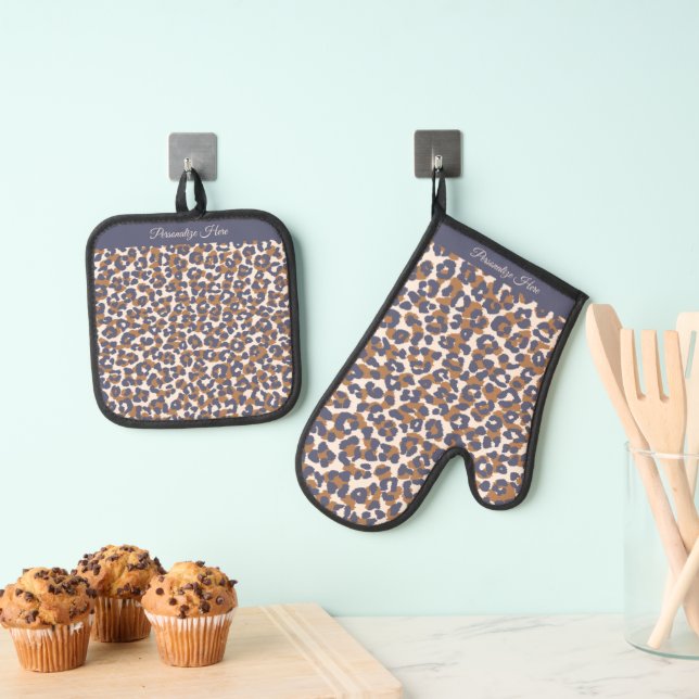 Leopard Print Blue und Brown- Ofenhandschuh & Topflappen-Set (Insitu (Hängend))
