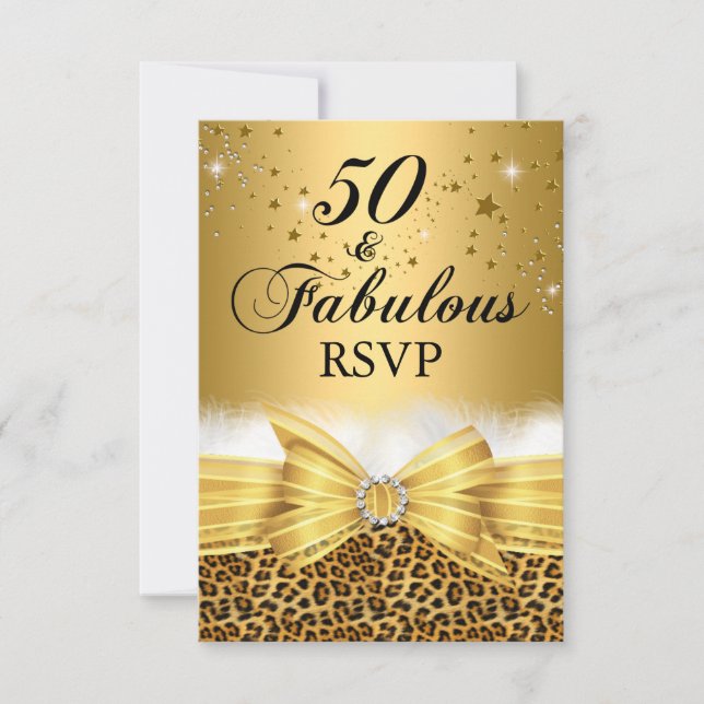 Leopard Print & Bow 50 & Fabulous UAWG Gold RSVP Karte (Vorderseite)