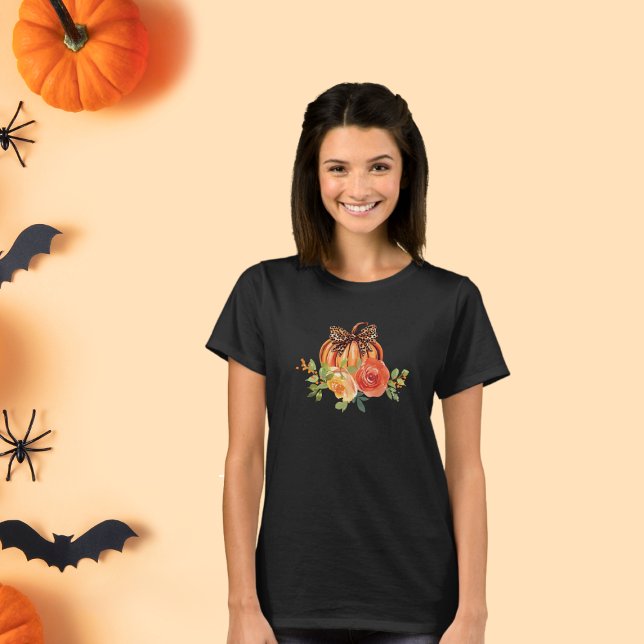 Leopard Print Bow Kürbis Fall Floral Frauen T-Shirt (Von Creator hochgeladen)