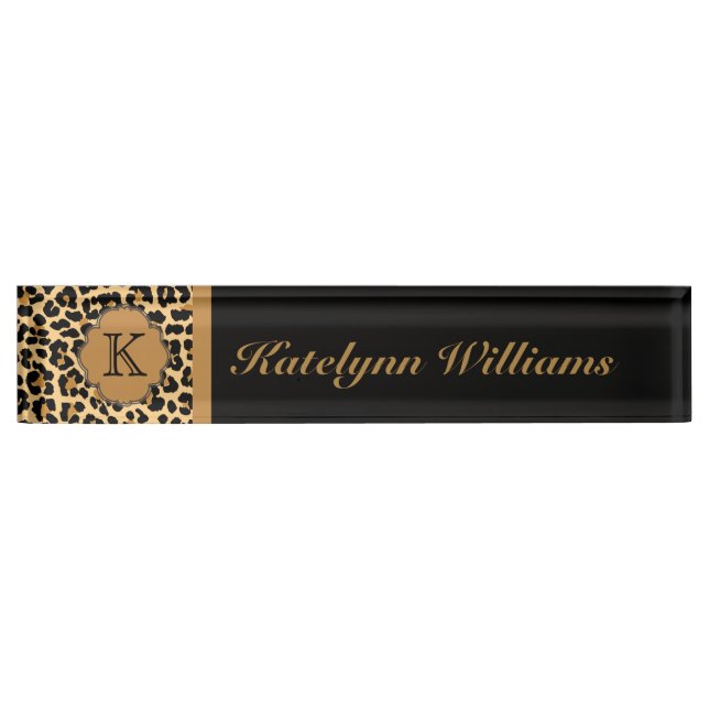 Leopard Print Custom Monogram Desk Name Plate Namensplakette (Vorderseite)