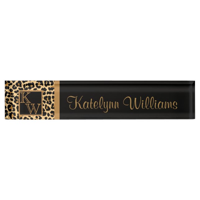 Leopard Print Custom Monogram Desk Name Plate Namensplakette (Vorderseite)