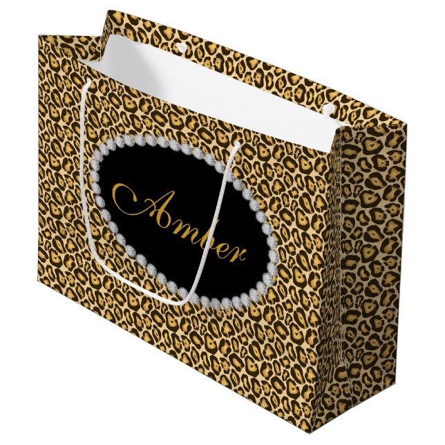 Leopard Print Diamond Monogram Lg Gift Bag Große Geschenktüte (Vorderseite Schrägansicht)