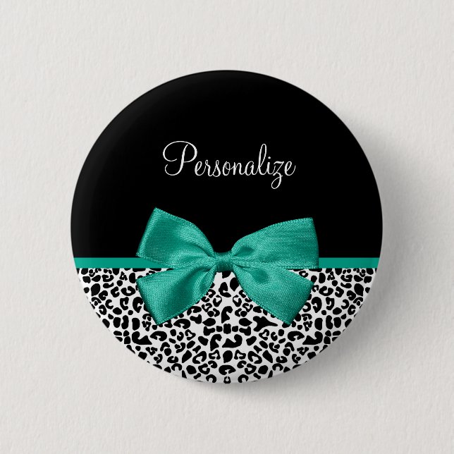 Leopard Print Emerald Green Ribbon Bow Chic Name Button (Vorderseite)