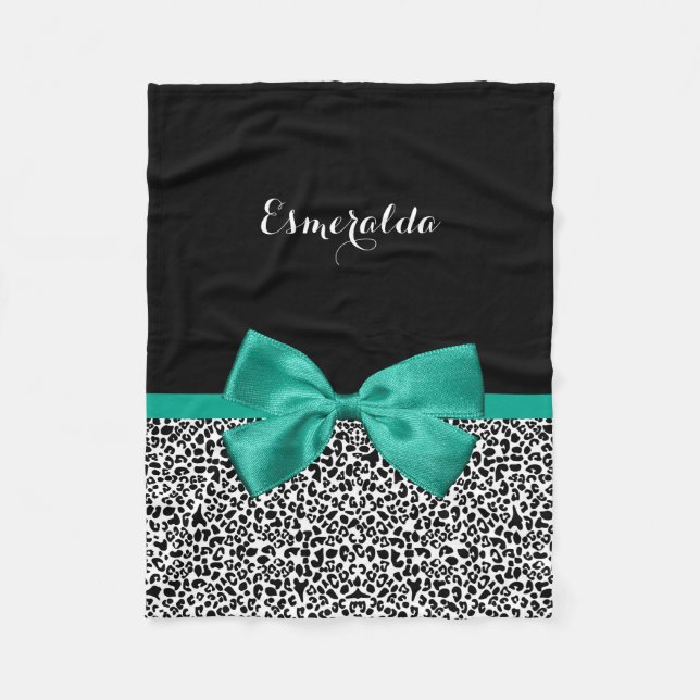Leopard Print Emerald Green Ribbon Bow Chic Name Fleecedecke (Vorderseite)