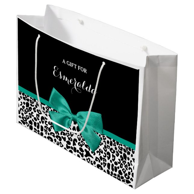 Leopard Print Emerald Green Ribbon Bow Chic Name Große Geschenktüte (Vorderseite Schrägansicht)