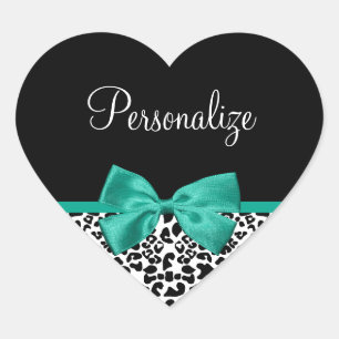 Leopard Print Emerald Green Ribbon Bow Chic Name Herz-Aufkleber