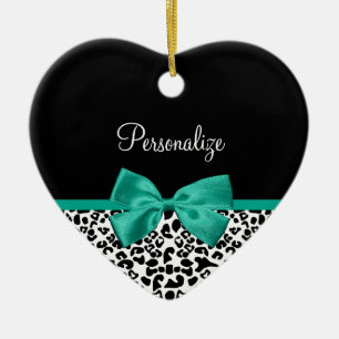 Leopard Print Emerald Green Ribbon Bow Chic Name Keramikornament