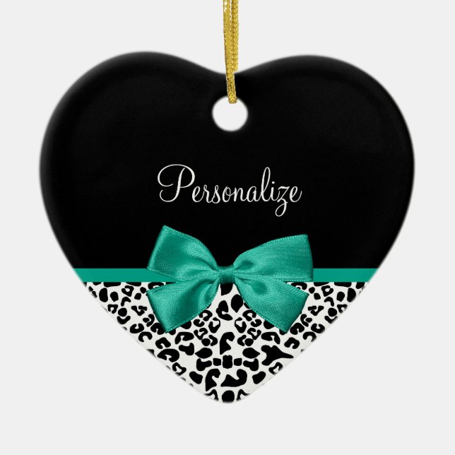 Leopard Print Emerald Green Ribbon Bow Chic Name Keramikornament (Vorne)