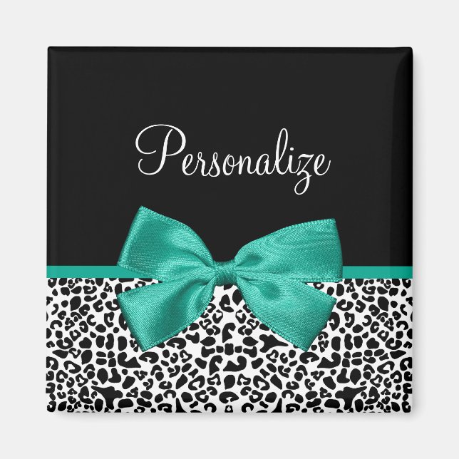 Leopard Print Emerald Green Ribbon Bow Chic Name Magnet (Vorne)