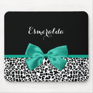 Leopard Print Emerald Green Ribbon Bow Chic Name Mousepad
