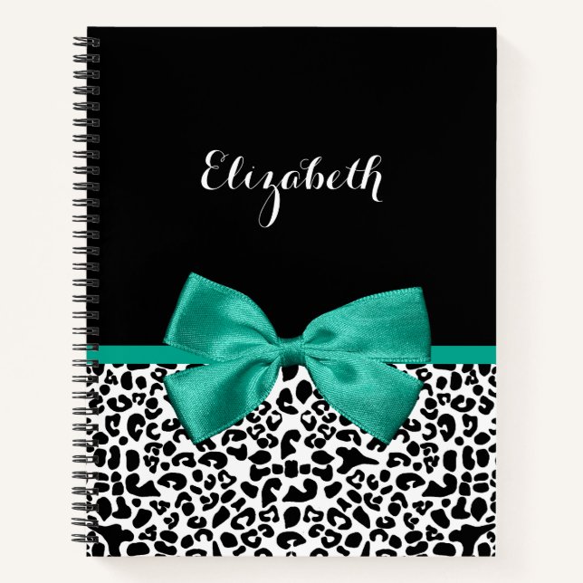 Leopard Print Emerald Green Ribbon Bow Chic Name Notizbuch (Vorderseite)