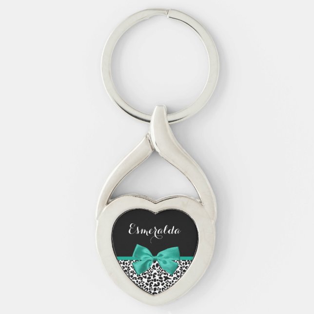 Leopard Print Emerald Green Ribbon Bow Chic Name Schlüsselanhänger (Vorderseite)