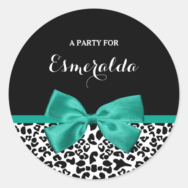 Leopard Print Emerald Green Ribbon Bow Party Name Runder Aufkleber (Vorderseite)