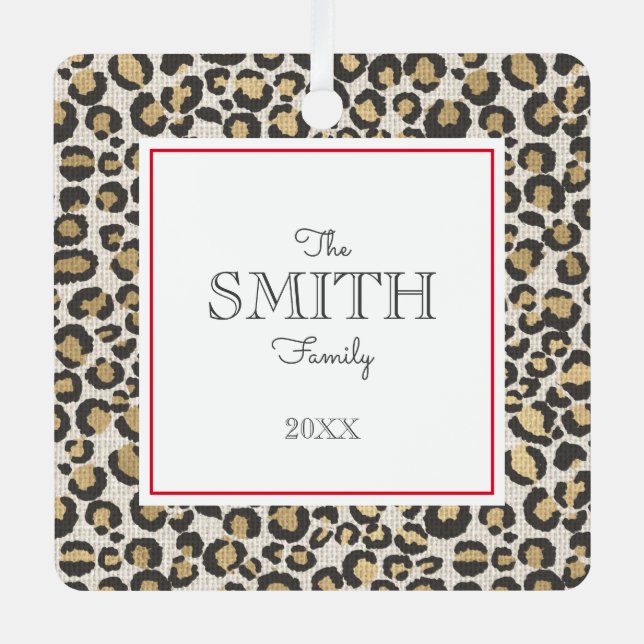 Leopard Print Family Foto Name Jahr Roter Chic Ornament Aus Metall (Vorderseite)