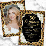 Leopard Print Gold Black Foto 50. Geburtstag Einladung<br><div class="desc">Elegante Einladung zum 50. Geburtstag mit Ihrem Foto auf der Kartenrückseite. Glam Schwarz-weißes Design mit einem Tier Leopardenprint und Imitate Glitzer Gold. Enthält weiße Rosen, Skript-Schriftart und Konfetti. Ideal für ein stilvolles Party für Erwachsene. Personalisieren Sie Ihre persönlichen Daten. Kann für jedes Alter angepasst werden! Gedruckte Zazzle Einladungen oder Sofortdownload...</div>