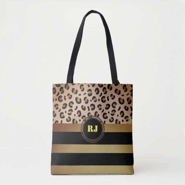 Leopard Print Gold Black Strips Zwei Tone Monogram (Vorderseite)
