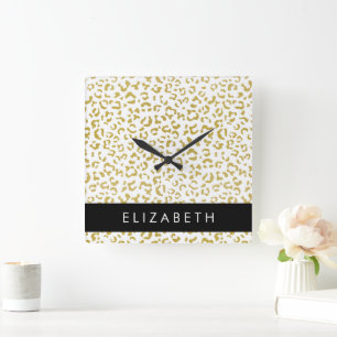 Leopard Print, Gold Leopard, Glitzer, Ihr Name Quadratische Wanduhr