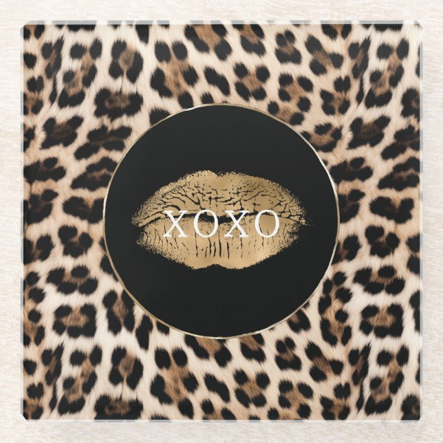 Leopard Print Gold Lips XOXO Glasuntersetzer (Vorderseite)