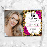 Leopard Print Gold Pink Foto 50. Geburtstag Einladung<br><div class="desc">Elegante florale feminine 50. Geburtstagseinladung mit Ihrem Foto. Glam weißes Design mit Imitaten Glitzer Gold. Features Tier Leopard Druck,  Hot-Rosa Rose,  Skript-Schriftart und Konfetti. Ideal für ein stilvolles Party für Erwachsene. Personalisieren Sie Ihre persönlichen Daten. Kann für jedes Alter angepasst werden! Gedruckte Zazzle Einladungen oder Sofortdownload digitalen druckbaren Vorlage.</div>