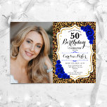 Leopard Print Gold Royal Blue Foto 50. Geburtstag Einladung<br><div class="desc">Elegante florale feminine 50. Geburtstagseinladung mit Ihrem Foto. Glam königsblau weißes Design mit Imitaten Glitzer Gold. Features Tier Leopard Druck, Hot Saphir blauen Rose, Skript-Schriftart und Konfetti. Ideal für ein stilvolles Party für Erwachsene. Personalisieren Sie Ihre persönlichen Daten. Kann für jedes Alter angepasst werden! Gedruckte Zazzle Einladungen oder Sofortdownload digitalen...</div>