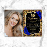 Leopard Print Gold Royal Blue Foto 50. Geburtstag Einladung<br><div class="desc">Elegante florale feminine 50. Geburtstagseinladung mit Ihrem Foto. Glam schwarz königsblau Design mit Imitaten Glitzer Gold. Features Tier Leopard Druck, saphir blauen Rose, Skript-Schriftart und Konfetti. Ideal für ein stilvolles Party für Erwachsene. Personalisieren Sie Ihre persönlichen Daten. Kann für jedes Alter angepasst werden! Gedruckte Zazzle Einladungen oder Sofortdownload digitalen druckbaren...</div>